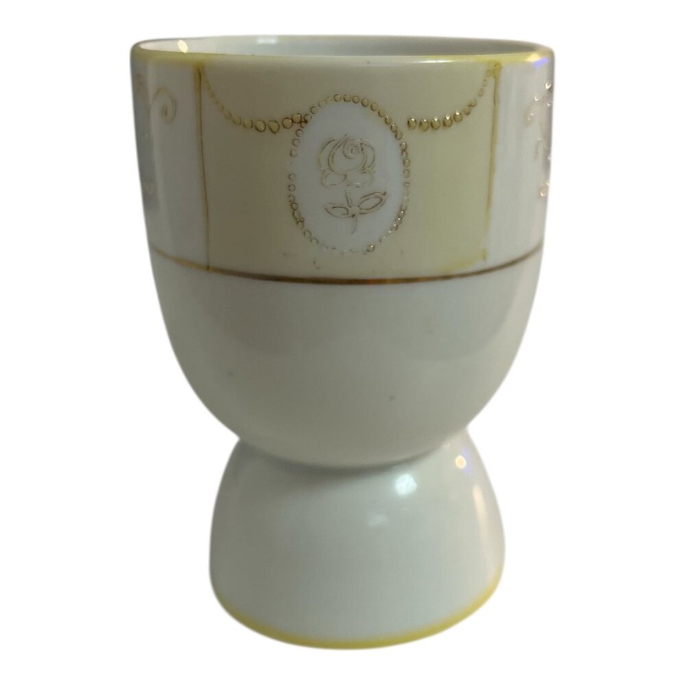 Antique Hand Painted Nippon Porcelain Egg Cup – Gold Beaded Scroll & Floral Desi